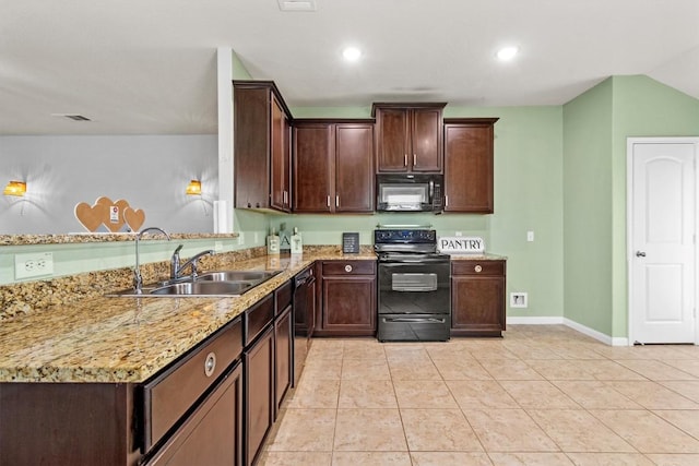 13516 William Mckinley Way, Manor, TX 78653 - kitchen featuring black appliances, a sink, dark brown cabinets, baseboards, and light stone countertops