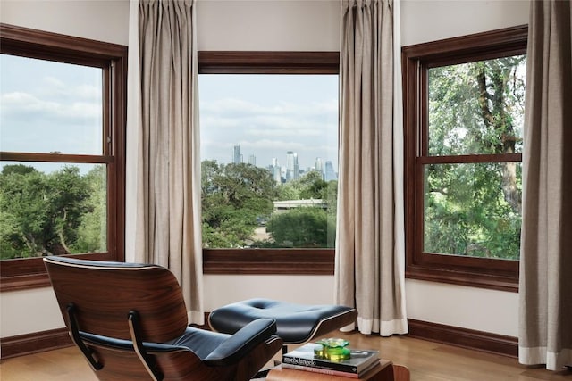sitting room with baseboards, a city view, and wood finished floors