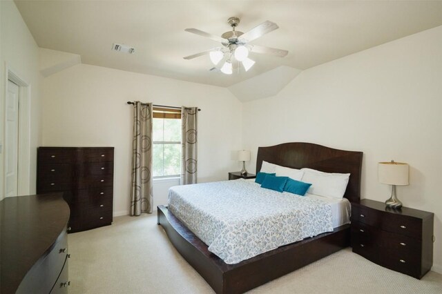 112 Bearing Cv, Austin, TX 78717 - bedroom with ceiling fan, light colored carpet, lofted ceiling, and visible vents