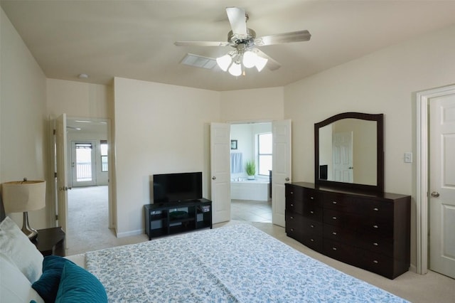 112 Bearing Cv, Austin, TX 78717 - bedroom with visible vents, a ceiling fan, connected bathroom, and light colored carpet
