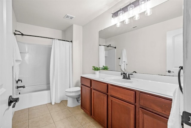 full bath with visible vents, tile patterned flooring, vanity, toilet, and shower / bathtub combination with curtain