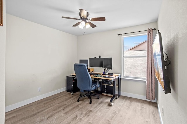 home office with baseboards, ceiling fan, and wood finished floors