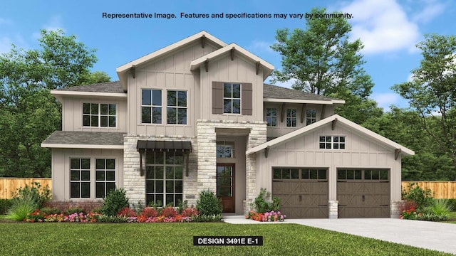 modern inspired farmhouse featuring fence, a front yard, a shingled roof, board and batten siding, and an attached garage