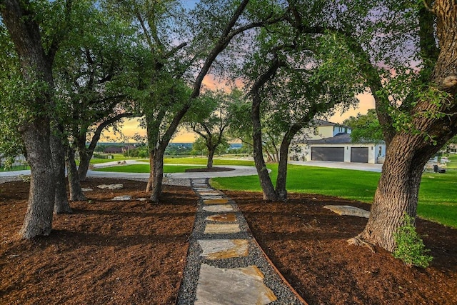 view of community featuring a garage and a yard