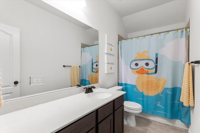 full bathroom with vanity, tile patterned flooring, a shower with curtain, and toilet