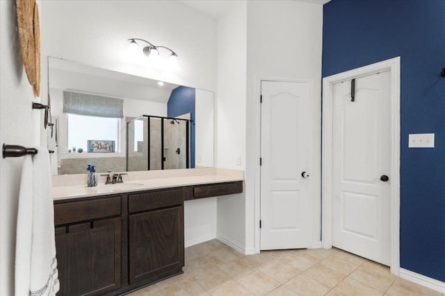 6401 Golden Bough Ln, Pflugerville, TX 78660 - bathroom with a stall shower, vanity, and tile patterned flooring