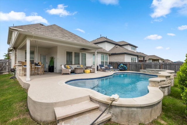 view of pool with outdoor dry bar, an outdoor hangout area, a fenced in pool, a fenced backyard, and a patio