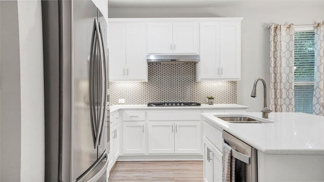 kitchen featuring tasteful backsplash, light wood-type flooring, a sink, under cabinet range hood, and stainless steel appliances