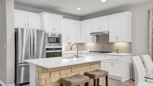 kitchen with a sink, light countertops, stainless steel appliances, tasteful backsplash, and under cabinet range hood