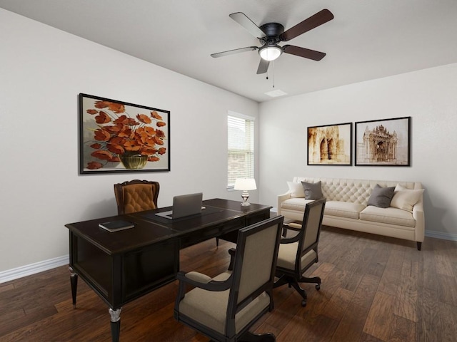 home office with baseboards, ceiling fan, and dark wood-style floors