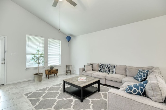 532 Tanda Ln, Hutto, TX 78634 - living area featuring a ceiling fan and high vaulted ceiling