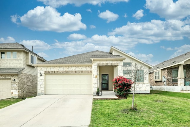 prairie-style house featuring an attached garage, concrete driveway, stone siding, and a front yard