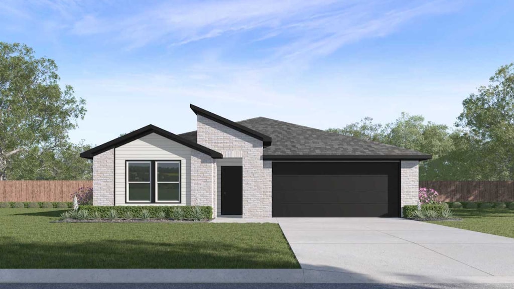 contemporary home with fence, concrete driveway, a front yard, and a garage
