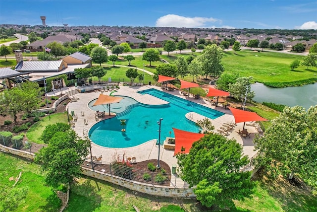 aerial view with a water view and a residential view