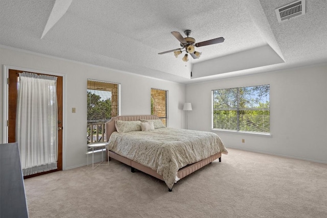 9800 Knotty Pine Cv, Austin, TX 78750 - bedroom with visible vents, a textured ceiling, multiple windows, and light colored carpet