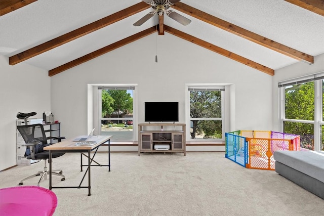 9800 Knotty Pine Cv, Austin, TX 78750 - interior space featuring beamed ceiling, ceiling fan, and a healthy amount of sunlight