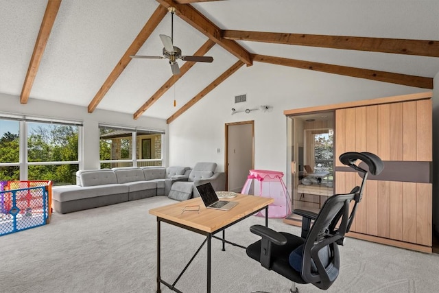 9800 Knotty Pine Cv, Austin, TX 78750 - living room featuring visible vents, beamed ceiling, and light colored carpet