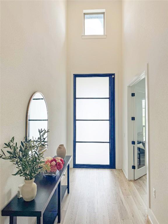 foyer featuring light wood finished floors and a towering ceiling