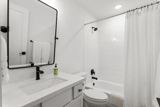 full bathroom with vanity, shower / bathtub combination with curtain, and toilet