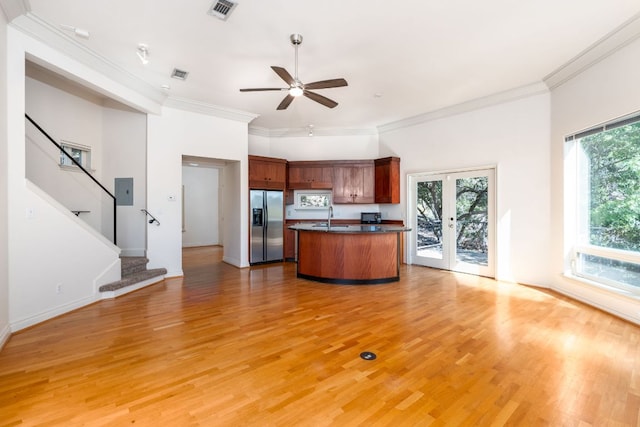 5310 Scenic View Dr, Austin, TX 78746 - kitchen featuring stainless steel fridge, dark countertops, french doors, a sink, and a ceiling fan