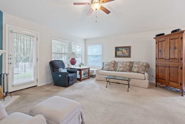 1720 Woodvista Pl, Round Rock, TX 78665 - living room with light carpet, ceiling fan, and baseboards
