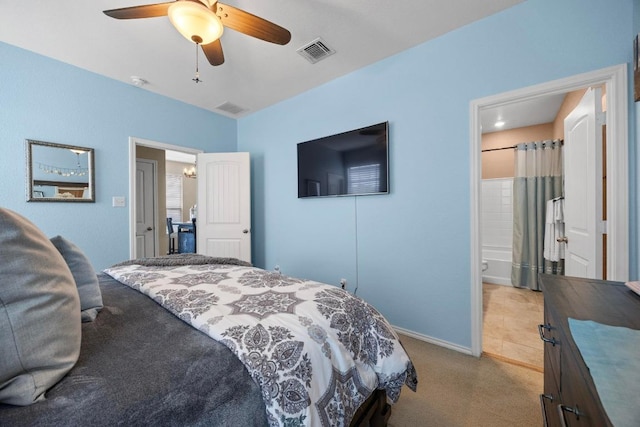 bedroom featuring a ceiling fan, baseboards, visible vents, and light carpet