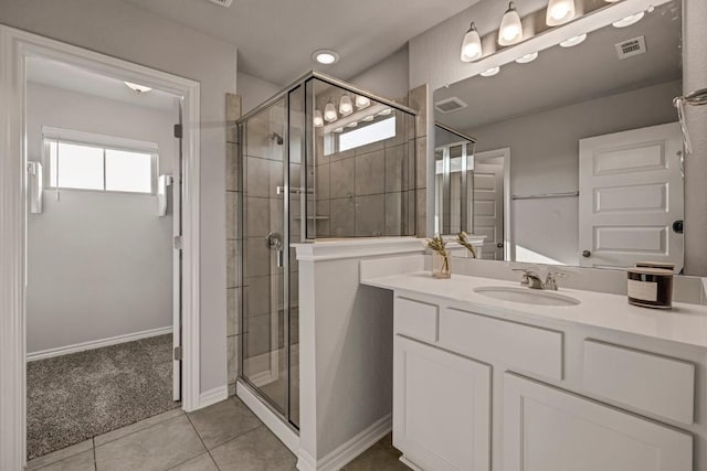 bathroom featuring visible vents, tile patterned floors, and a shower stall