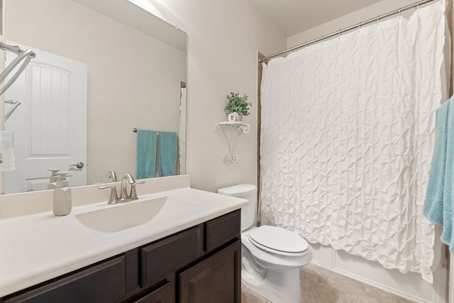 full bathroom featuring vanity, tile patterned flooring, toilet, and shower / tub combo with curtain
