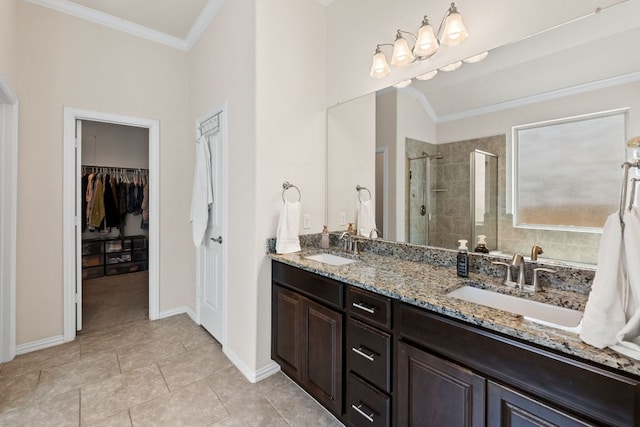 4018 Geary St, Round Rock, TX 78681 - full bathroom with ornamental molding, a shower stall, double vanity, a spacious closet, and baseboards