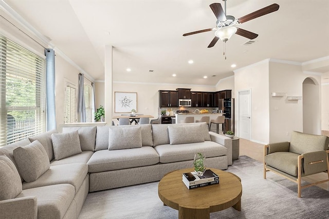 4018 Geary St, Round Rock, TX 78681 - living room with crown molding, recessed lighting, and ceiling fan