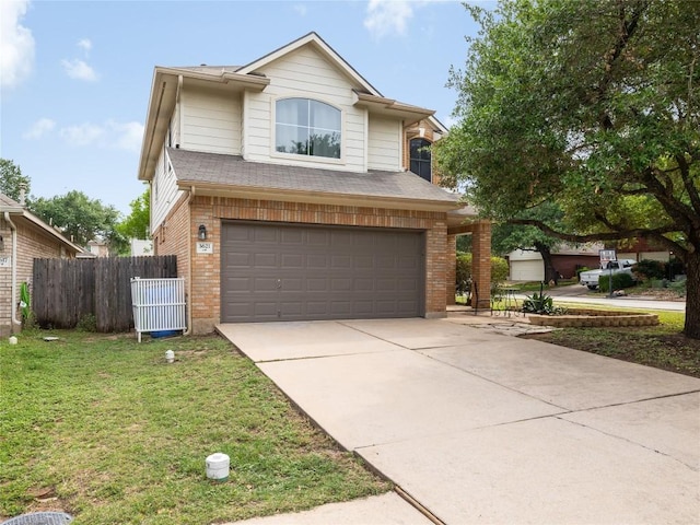 view of front of house with fence, an attached garage, concrete driveway, and brick siding