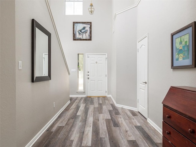 foyer featuring baseboards, dark wood finished floors, and a high ceiling