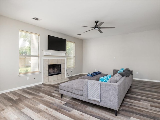 living area featuring ceiling fan, a fireplace, wood finished floors, and a wealth of natural light