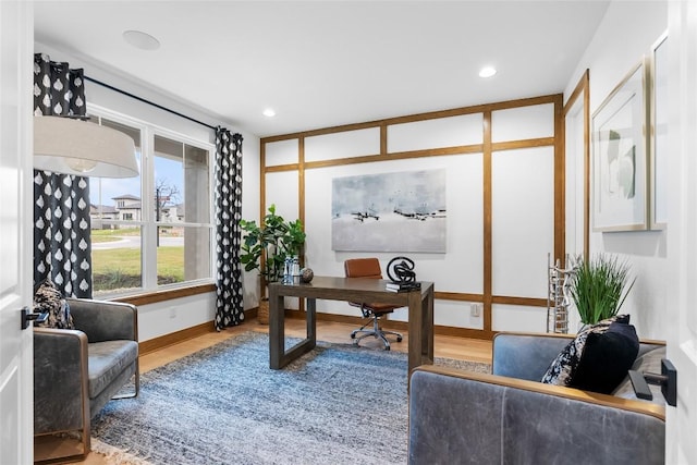 home office with baseboards, recessed lighting, and wood finished floors