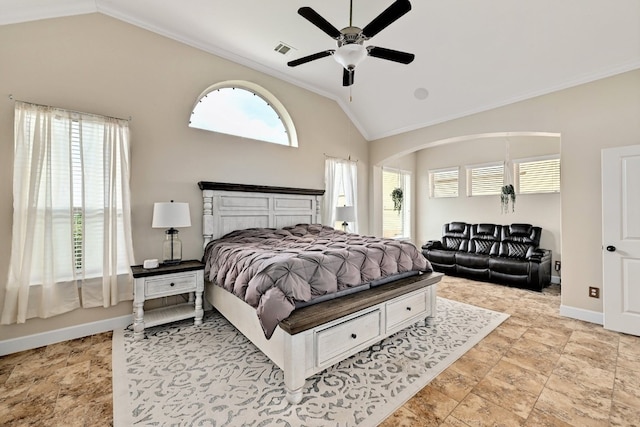 18720 Waltz Ct, Austin, TX 78738 - bedroom with lofted ceiling, multiple windows, crown molding, baseboards, and a ceiling fan