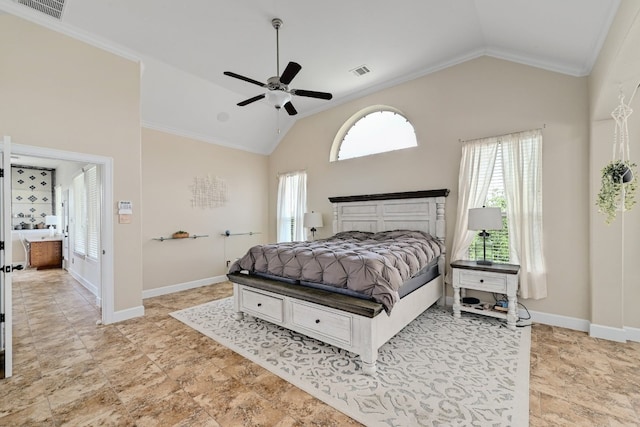 bedroom featuring crown molding, vaulted ceiling, and visible vents