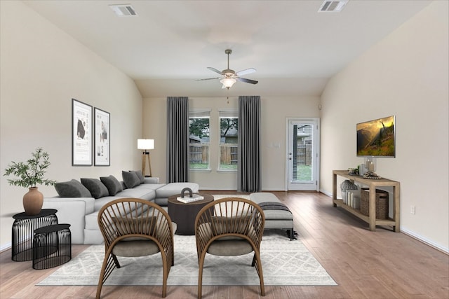 3639 Hermann St, Round Rock, TX 78681 - living room featuring ceiling fan, light wood finished floors, and visible vents