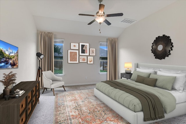 3639 Hermann St, Round Rock, TX 78681 - carpeted bedroom with ceiling fan, visible vents, baseboards, and vaulted ceiling