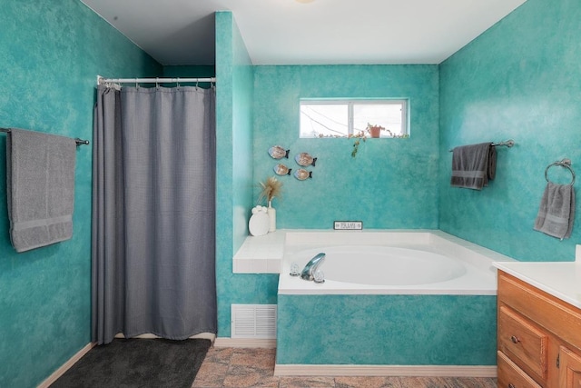 full bathroom featuring vanity, curtained shower, a bath, and visible vents