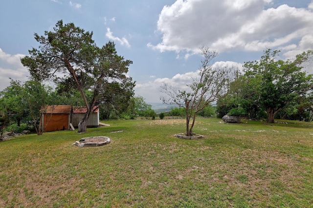 view of yard featuring a fire pit, an outdoor structure, and a shed