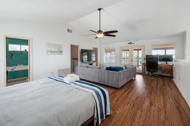 bedroom with multiple windows, french doors, access to exterior, lofted ceiling, and dark wood-type flooring