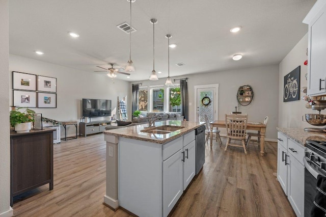 505 Pearly Eye Dr Unit B, Pflugerville, TX 78660 - kitchen featuring stainless steel dishwasher, visible vents, a sink, and light wood-type flooring