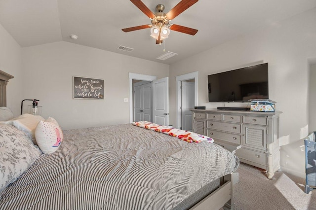 505 Pearly Eye Dr Unit B, Pflugerville, TX 78660 - carpeted bedroom with vaulted ceiling, a ceiling fan, and visible vents