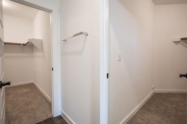 walk in closet featuring dark carpet
