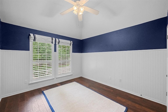 10700 Galsworthy Ln, Austin, TX 78739 - spare room featuring a ceiling fan, wainscoting, wood finished floors, and vaulted ceiling