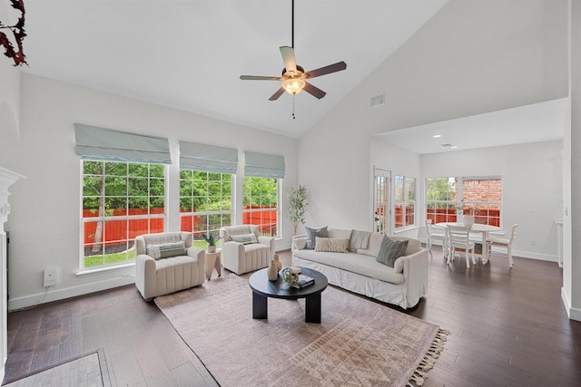 10700 Galsworthy Ln, Austin, TX 78739 - living room featuring ceiling fan, high vaulted ceiling, baseboards, dark wood-type flooring, and visible vents