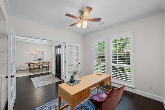10700 Galsworthy Ln, Austin, TX 78739 - office featuring crown molding, dark wood-style flooring, baseboards, and french doors