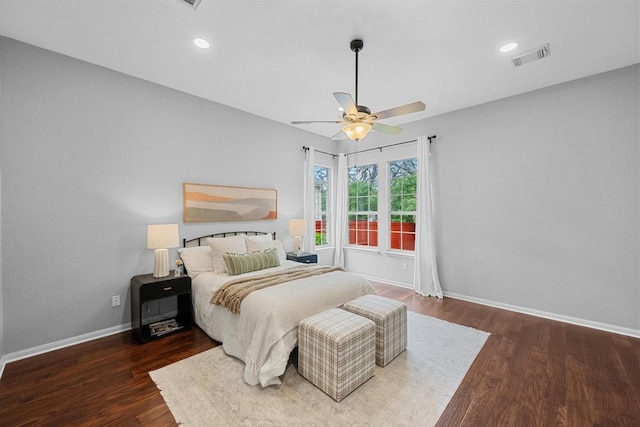 10700 Galsworthy Ln, Austin, TX 78739 - bedroom with a ceiling fan, baseboards, recessed lighting, wood finished floors, and visible vents