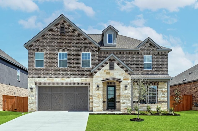 craftsman inspired home with a front lawn, fence, stone siding, concrete driveway, and an attached garage