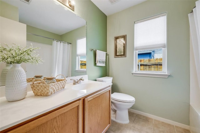 bathroom with tile patterned flooring, visible vents, vanity, toilet, and baseboards